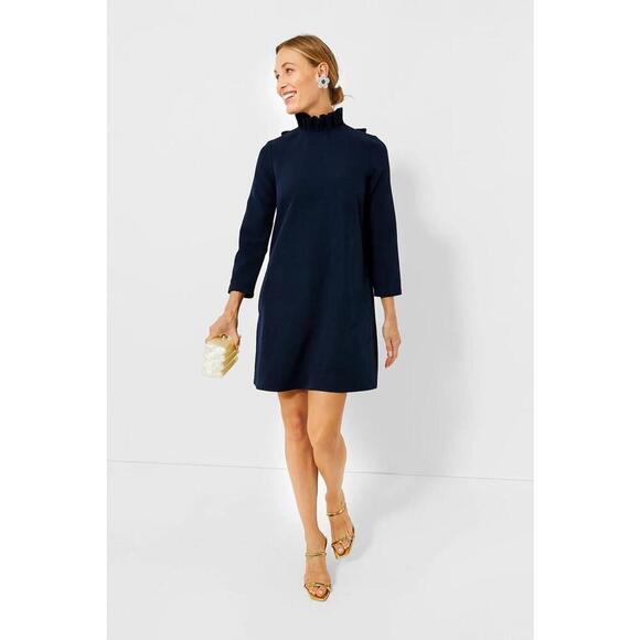 Tuckernuck dress womens XXL navy blue daphne high neck ruffle minimalist office